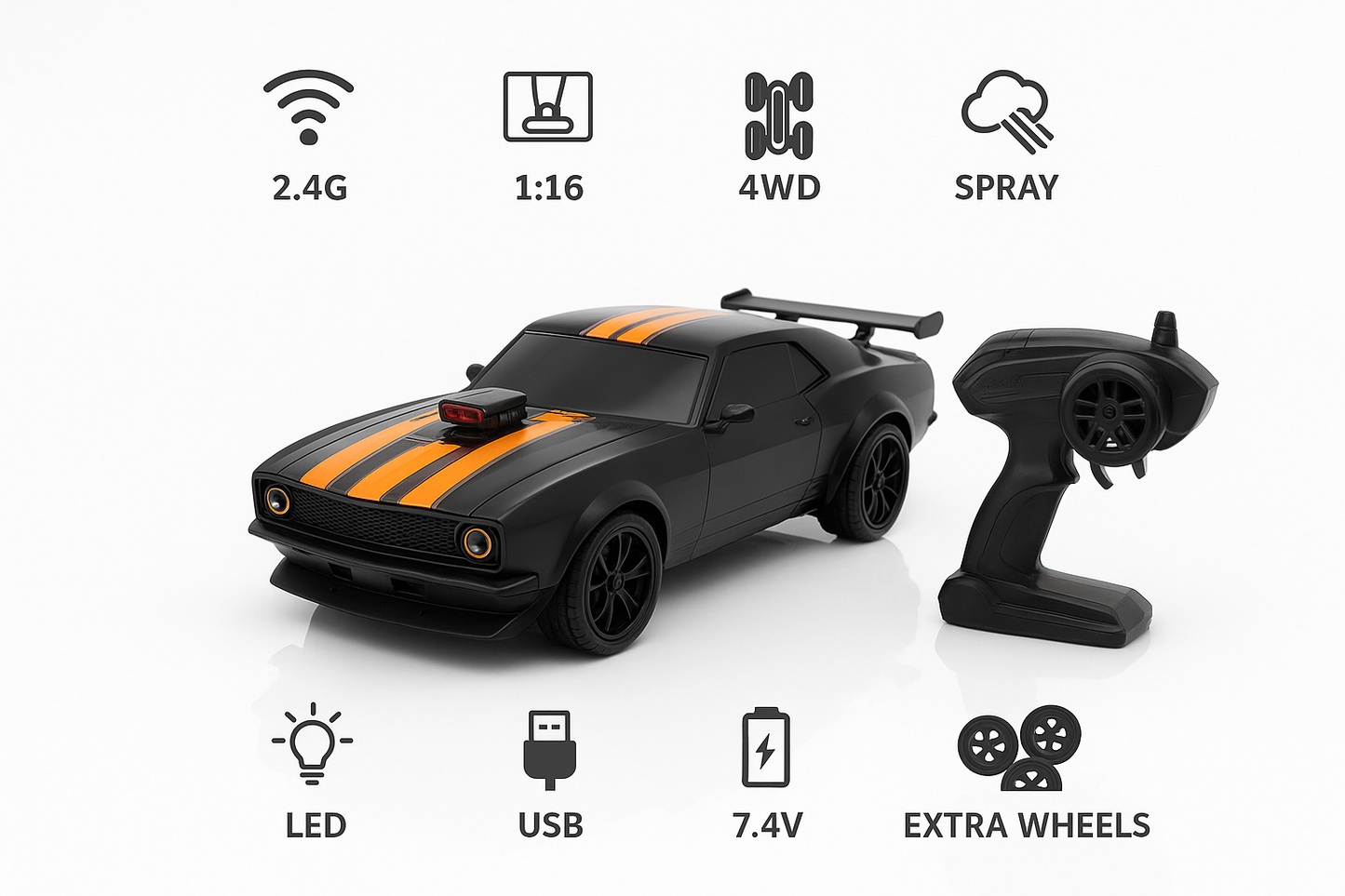 Rechargeable Drift Stunt RC Car – 4WD, Lighting & Smoke Effect (1:16 Scale)