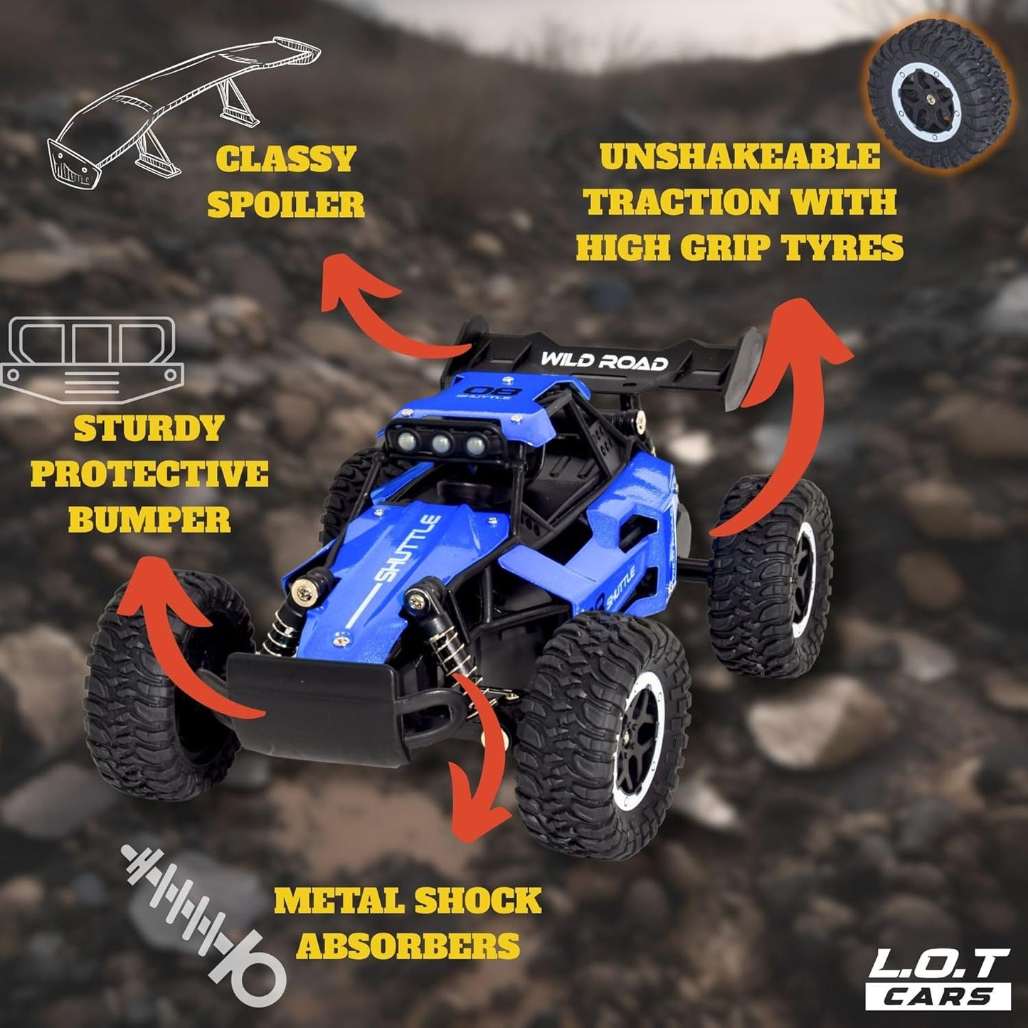 All-Terrain Remote Control Car – 20Kmph Speed, Metal Shock Absorbers & LED Lights”