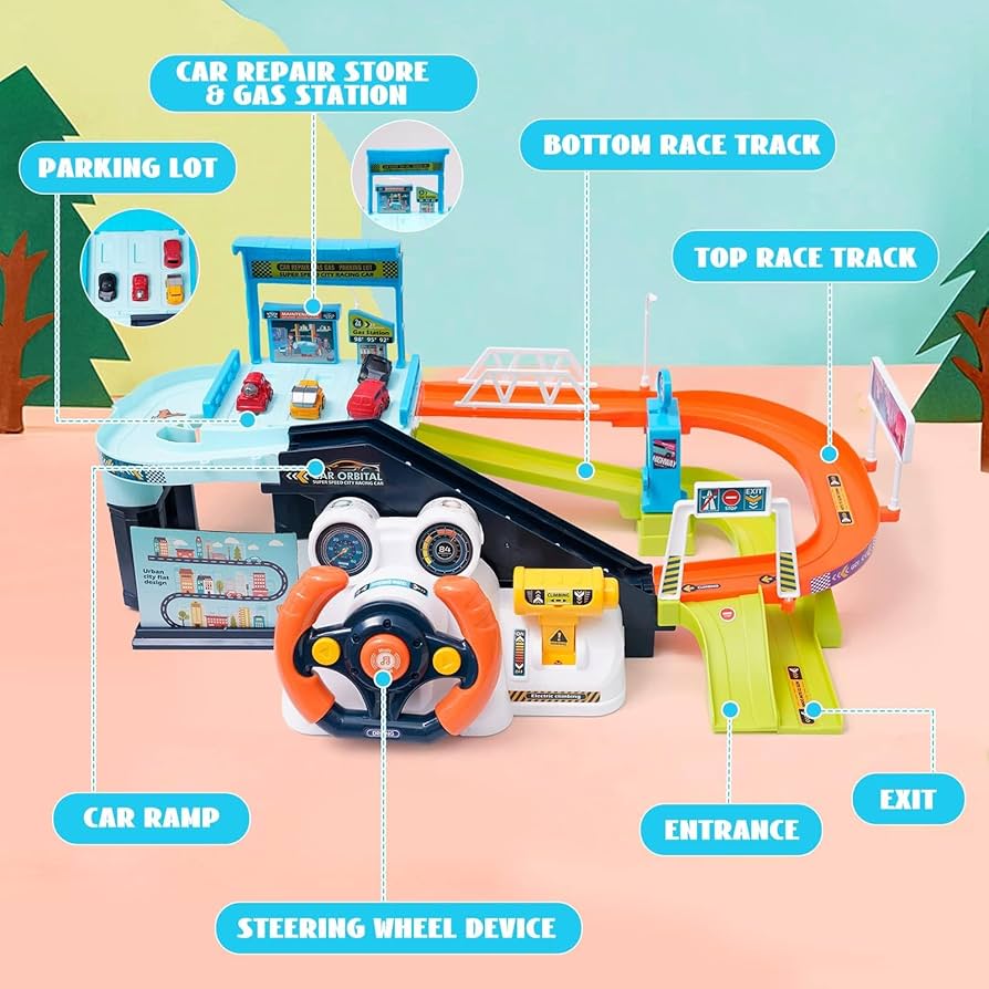 Urban Transit Car Playset – Electric & Manual Climbing, Steering Wheel & Race Track Fun