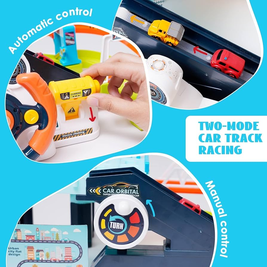 Urban Transit Car Playset – Electric & Manual Climbing, Steering Wheel & Race Track Fun