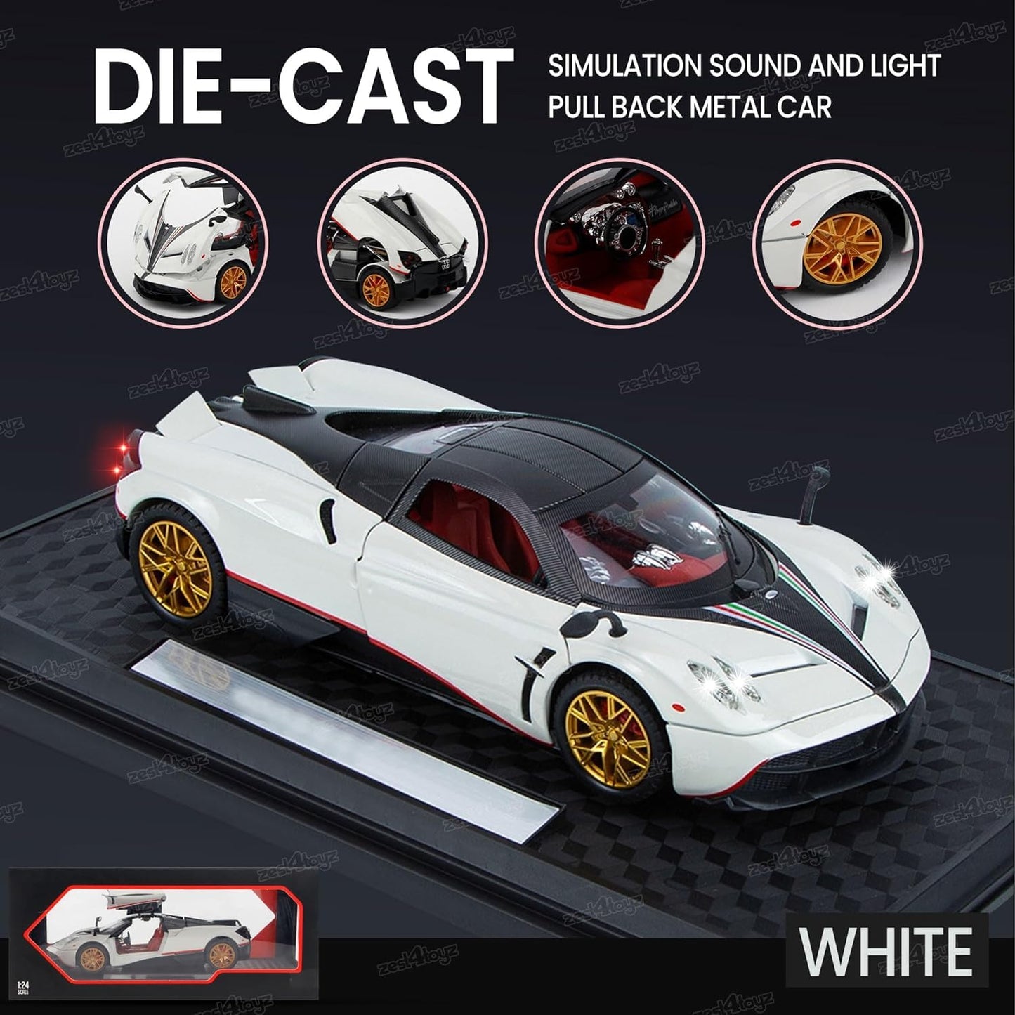 Pagani Huayra 1:18 Die-Cast Alloy Pull-Back Car – Open Doors & Light Music (White)