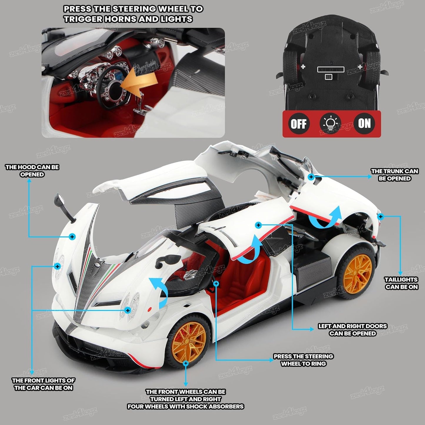 Pagani Huayra 1:18 Die-Cast Alloy Pull-Back Car – Open Doors & Light Music (White)