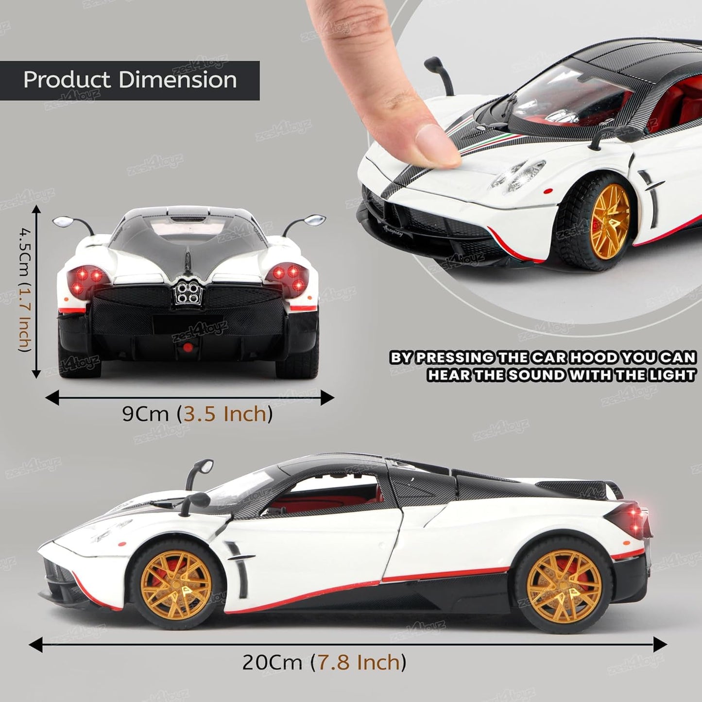 Pagani Huayra 1:18 Die-Cast Alloy Pull-Back Car – Open Doors & Light Music (White)