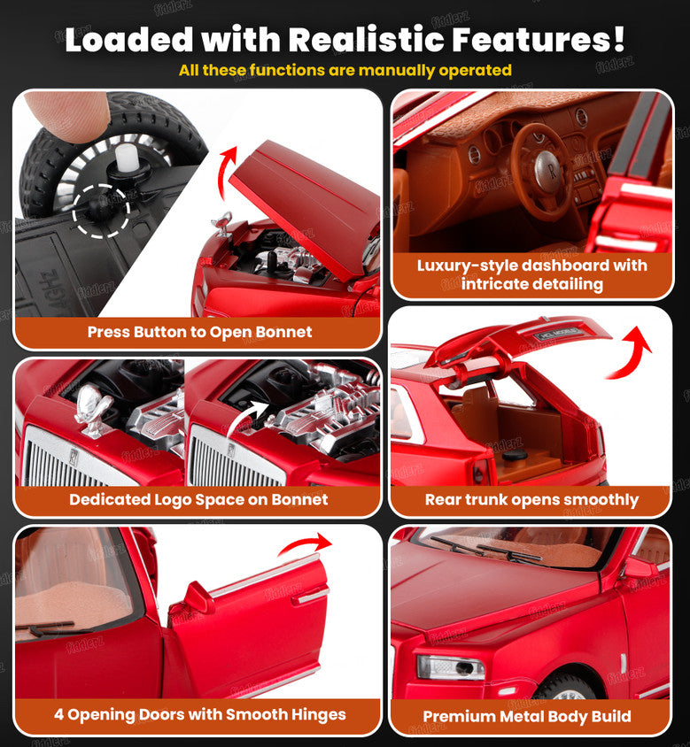 1:22 RC Rolls-Royce Cullinan – Die-Cast Metal Toy Car with Lights, Smoke & Openable Doors for Kids