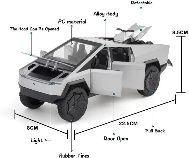 Die-Cast Cybertruck Model Truck 1:24 Scale – Pull-Back Race Car with Cyberquad, Sound & Light