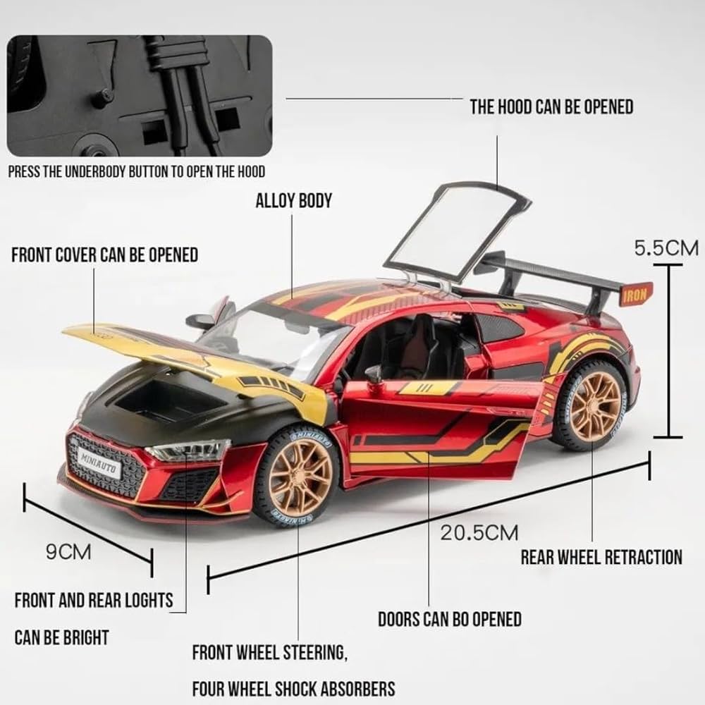 Audi R8 Diecast Model Car 1:24 Scale | Alloy Metal Pull Back Toy with Openable Doors, Lights & Music – Kids Big Size Toy Vehicle