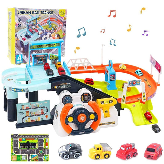 Urban Transit Car Playset – Electric & Manual Climbing, Steering Wheel & Race Track Fun