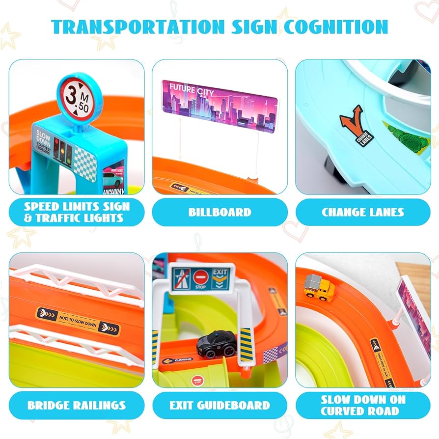 Urban Transit Car Playset – Electric & Manual Climbing, Steering Wheel & Race Track Fun