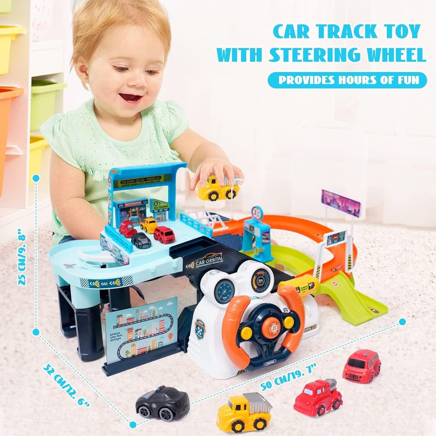 Urban Transit Car Playset – Electric & Manual Climbing, Steering Wheel & Race Track Fun