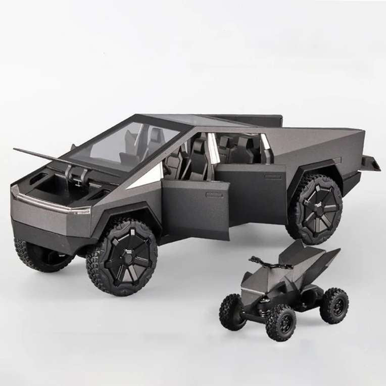 Die-Cast Cybertruck Model Truck 1:24 Scale – Pull-Back Race Car with Cyberquad, Sound & Light