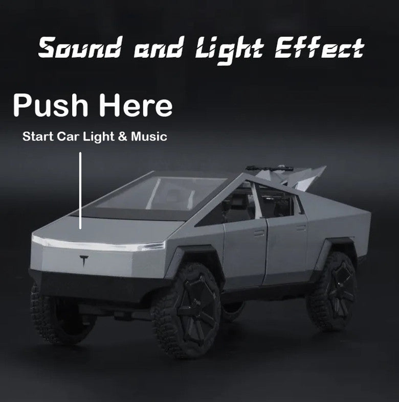 Die-Cast Cybertruck Model Truck 1:24 Scale – Pull-Back Race Car with Cyberquad, Sound & Light