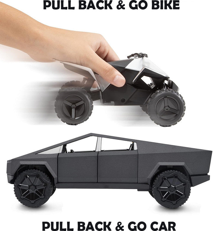 Die-Cast Cybertruck Model Truck 1:24 Scale – Pull-Back Race Car with Cyberquad, Sound & Light